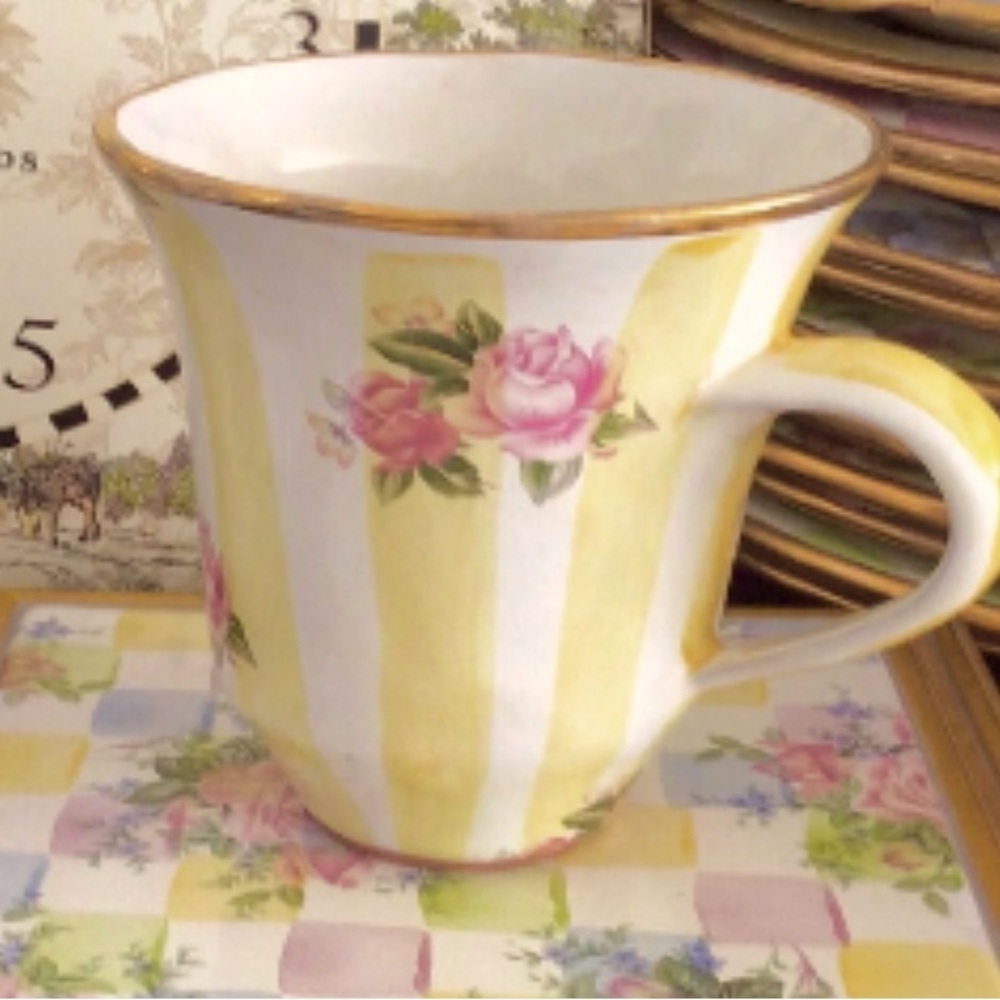Set of 2 Mackenzie Childs Honeymoon Lemon Curd striped with roses mugs!
